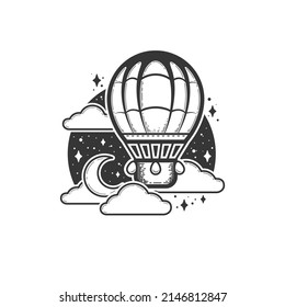 Sketch of funny cartoon stylized hot air balloon, flying at night in the sky, surrounded clouds and stars. Vector illustration in line art style for sticker, print or tattoo 