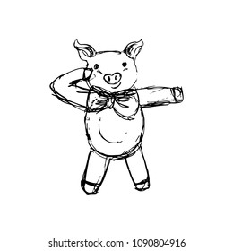 sketch of a funny dancing pig with a bow around his neck