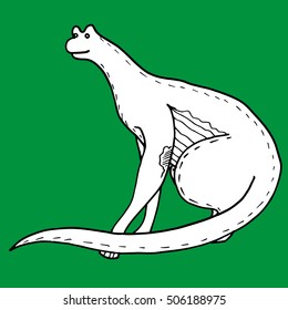 Sketch of funny dinosaur isolated on green background. Animal dino illustration for prints, wall and interior decor, design, clothes. Cartoon wildlife character. Smiling dinosaur.