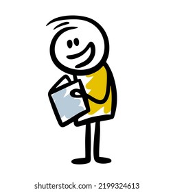 Sketch of funny doodle man reading clever book. Vector illustration in simple style.