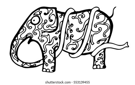 Sketch a funny elephant with a very long trunk . Sketch hand-drawn style.