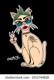 Sketch of funny hipster cat in glasses with tattoos. Vector illustration for t-shirts, posters, stickers and cards.