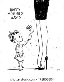 Sketch funny illustration with cute little baby boy giving flower to his mother. Happy Mother's day greeting card.