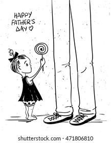 Sketch funny illustration with cute little baby girl giving lollipop to her father. Happy Father's day greeting card. 