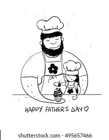 Sketch Funny Illustration With Cute Little Baby Girl Daughter And Her Dad Cooking Together. Happy Father's Day Greeting Card. Family Concept.