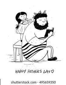 Sketch funny illustration with cute little baby girl daughter doing hairstyle to her dad. Happy Father's day greeting card. Family concept.