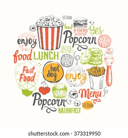 Sketch funny lettering and labels on white background. Round composition with fast food symbols. Multicolor menu pattern. Vector illustration with decorative elements for your packing design. 