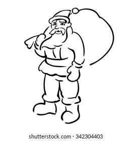 Sketch of funny santa with big bag.