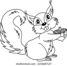 Sketch. Funny squirrel with a nut. Vector illustration of a squirrel. Coloring page with cartoon squirrel. Squirrel forest animal