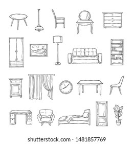 Sketch furniture. Bookcase and chairs, sofa and table, wardrobe and lamp home plants. Interior vintage hand drawn isolated elements