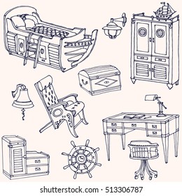 sketch of furniture for a child's room in a nautical theme, vector doodle il blue lines on beige background, for interior designer