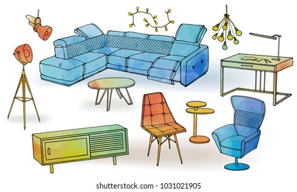 Sketch of furniture for a modern home, interior bright and comfortable, modern corner sofa, red armchair, table, floor lamp and garlands of light bulbs, low chest of drawers in a vector similar 