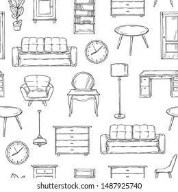 Sketch furniture pattern. Living room doodle vintage interior vector isolated wallpaper texture