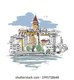 Sketch of Galata tower in Istanbul and seagulls flying in sky, Famous turkish landmark, Vector hand drawn illustration