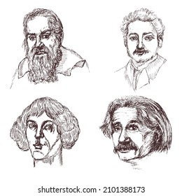Esbozo de Galileo Galilei, Nicolaus Copernicus, Albert Einstein. Convertir el esbozo de tinta dibujado a mano en vector.