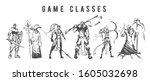 Sketch of game classes of multiplayer games. Mage, Warrior, Archer, Healer, Lancer and Berserk hand drawn isolated on white background.