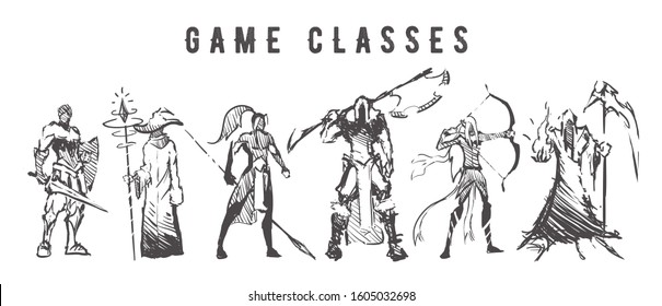 Sketch of game classes of multiplayer games. Mage, Warrior, Archer, Healer, Lancer and Berserk hand drawn isolated on white background.