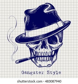 Sketch of gangster skull vector with hat and cigarette