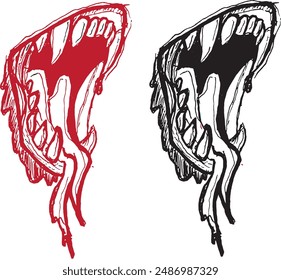 Sketch gaping mouth with sharp canines, terrible monster