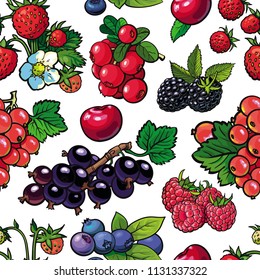 Sketch garden berries, leaves and flowers seamless pattern. Gooseberry, blackberry currant strawberry and raspberry. Fresh juicy sweet food, Symbol of healthy lifestyle dieting, vector illustration