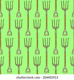 Sketch garden fork, vector vintage seamless pattern 