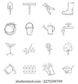 Sketch Garden Icons. Vector Set of Hand Drawn Gardening Tools and Plants