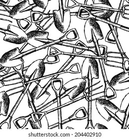 Sketch garden shovel and fork, vector vintage seamless pattern 