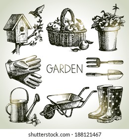 Sketch gardening set. Hand drawn design elements 