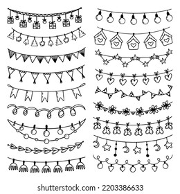 Sketch garlands set. Party bulbs garland, flags and stars with beads. Festive decoration, line pennant on string drawing. Carnival neoteric vector collection