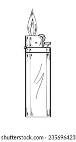 sketch of the gas lighter with flame on white background, vector, isolated