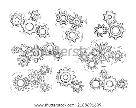 Sketch gears. Engineer work, transmission motion and working gear mechanism. Hand drawn factory, business team concept vector Illustration set. Clockwork rotation parts, innovative equipment