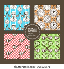 Sketch genteleman's set of seamless pattern in vintage style, vector. Man in hat, pocket watch, smoking pipe, glasses.