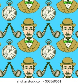 Sketch gentleman's seamless pattern in vintage style, vector. Man in hat, pocket watch, smoking pipe.