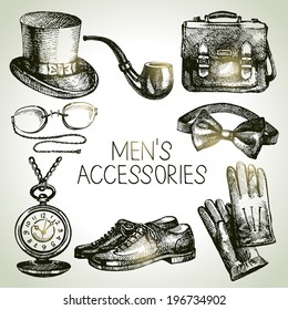 Sketch gentlemen accessories. Hand drawn men illustrations set