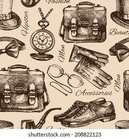 Sketch gentlemen accessories. Hand drawn hipster seamless pattern. Vector illustration 