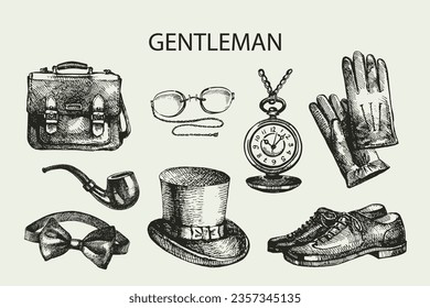 Sketch gentlemen accessories. Hand drawn men illustrations set