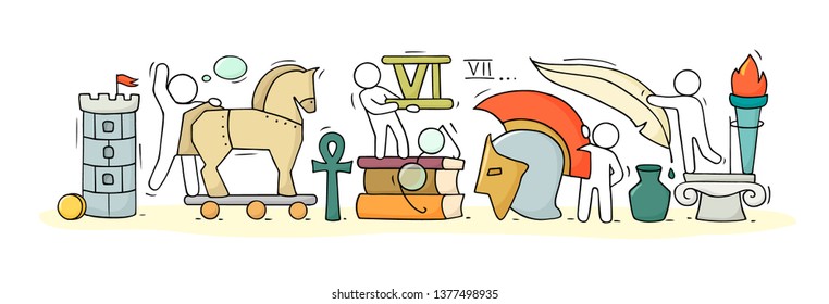 Sketch of geography class with studing little people. Doodle cute miniature of teamwork and ancient symbols. Hand drawn cartoon vector illustration for school subject design.