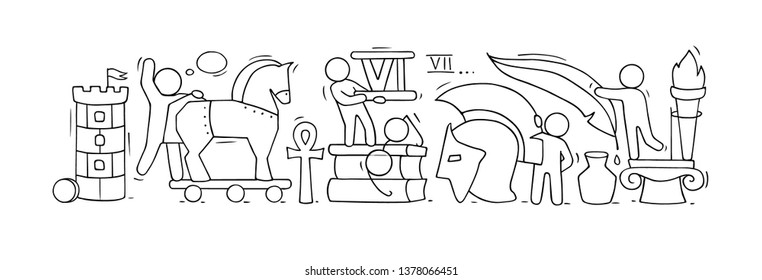 Sketch of geography class with studing little people. Doodle cute miniature of teamwork and ancient symbols. Hand drawn cartoon vector illustration for school subject design.