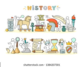 Sketch of geography class with studing little people. Doodle cute miniature of teamwork and ancient symbols. Hand drawn cartoon vector illustration for school subject design.