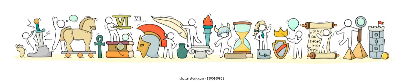 Sketch of geography class with studing little people. Doodle cute miniature of teamwork and ancient symbols. Hand drawn cartoon vector illustration for school subject design.