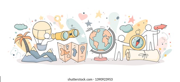 Sketch of geography class with studing little people. Doodle cute miniature of teamwork and earth symbols. Hand drawn cartoon vector illustration for school subject design.