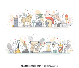 Sketch of geography class with studing little people. Doodle cute miniature of teamwork and ancient symbols. Hand drawn cartoon vector illustration for school subject design.