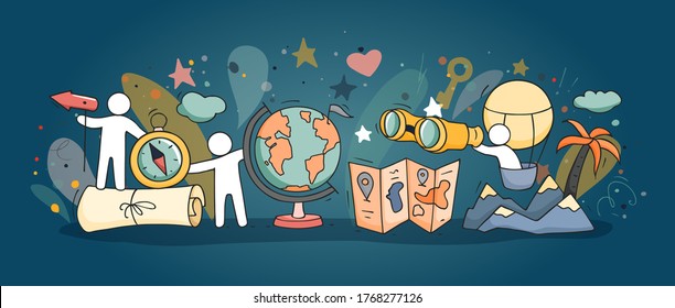 Skizze der Geografie-Klasse mit Studium kleiner Menschen. Doodle süße Miniatur von Teamwork und Erdsymbolen. Handgezeichnete Cartoon-Vektorgrafik für Schuldesign.