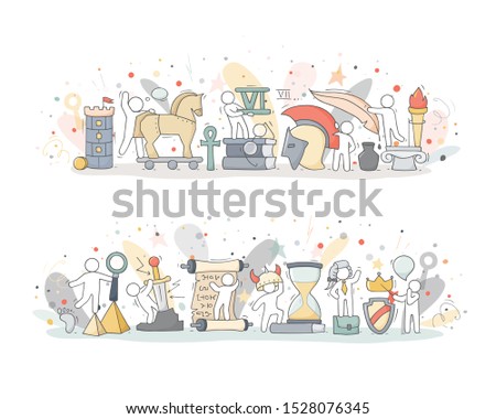 Sketch of geography class with studing little people. Doodle cute miniature of teamwork and ancient symbols. Hand drawn cartoon vector illustration for school subject design.