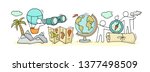Sketch of geography class with working little people. Doodle cute miniature of teamwork and earth symbols. Hand drawn cartoon vector illustration for school subject design.
