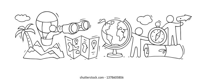 Sketch of geography class with working little people. Doodle cute miniature of teamwork and earth symbols. Hand drawn cartoon vector illustration for school subject design.