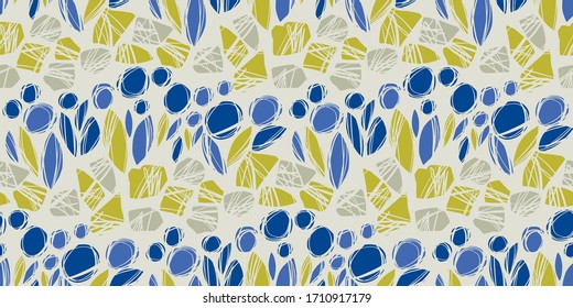 Sketch geometric decorative blue flowers seamless pattern for background, fabric, textile, wrap, surface, web and print design. Modern trendy style forest floral vector tile rapport