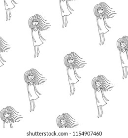 Sketch ghost soul path flying girls on dark white background. Seamless vector pattern for craft, textile, fabric, wrapping