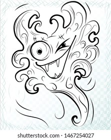 Sketch of ghostly fun scribble monster or doodle fantasy alien. Hand drawn sketched little flying devil character with with fangs and curls horns vector illustration