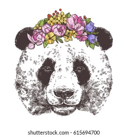 Sketch Of Giant Panda With Flower Wreath. Hand Drawn Head In Monochrome Style